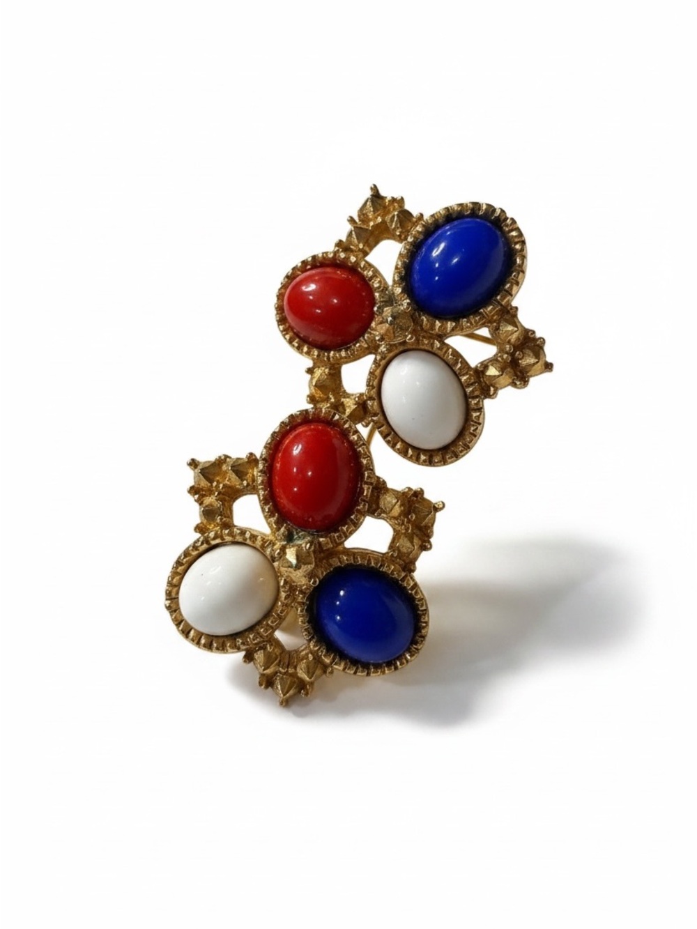 Vintage Sarah Coventry Red White Blue Cabochon Clip Earrings